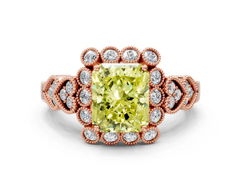Rose gold Fancy Yellow Radiant Cut Brilliant Milgrain Pave Heart Band Solitaire Ring