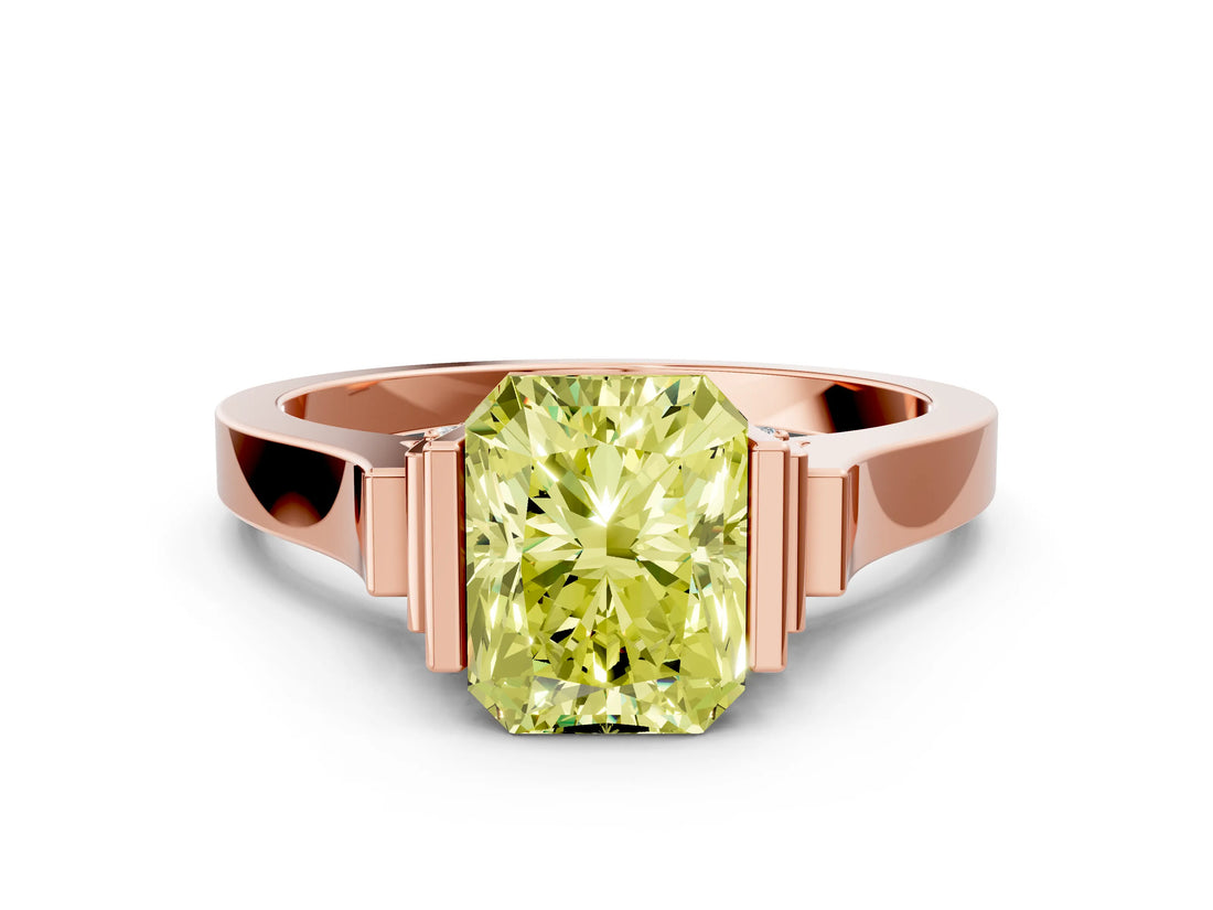Rose gold Fancy Yellow Radiant Cut Brilliant Solitaire Diamond Ring with Channel Set Band and Bar Prong Setting