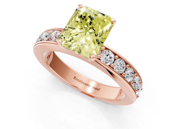 Rose gold Fancy Yellow Radiant  Cut Channel Set Diamond Engagement Ring with Four-Prong Setting