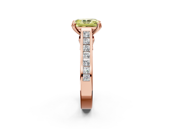 Rose Gold Radiant Cut Channel Set Solitaire Engagement Ring Setting for Fancy Yellow Center with Double Claw Prongs