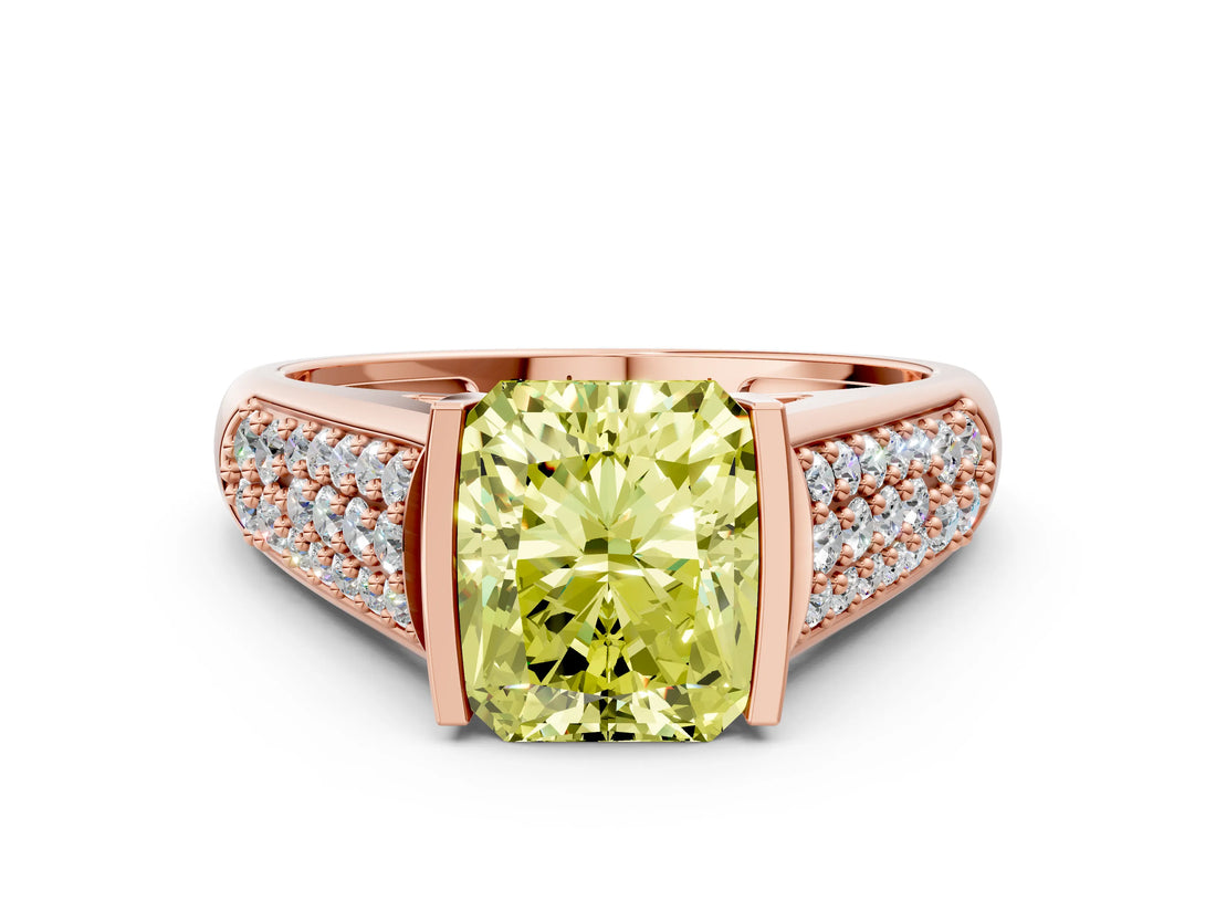 Rose gold Fancy Yellow Radiant Cut Cut Diamond Channel Set Pave Band with Tension Prong Setting