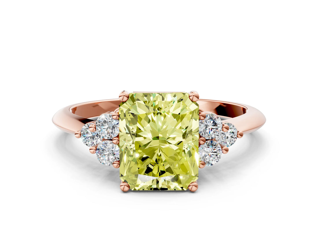 Rose gold Fancy Yellow Radiant Cut Cut Diamond Cluster Ring with Solitaire Band and Four-Prong Setting