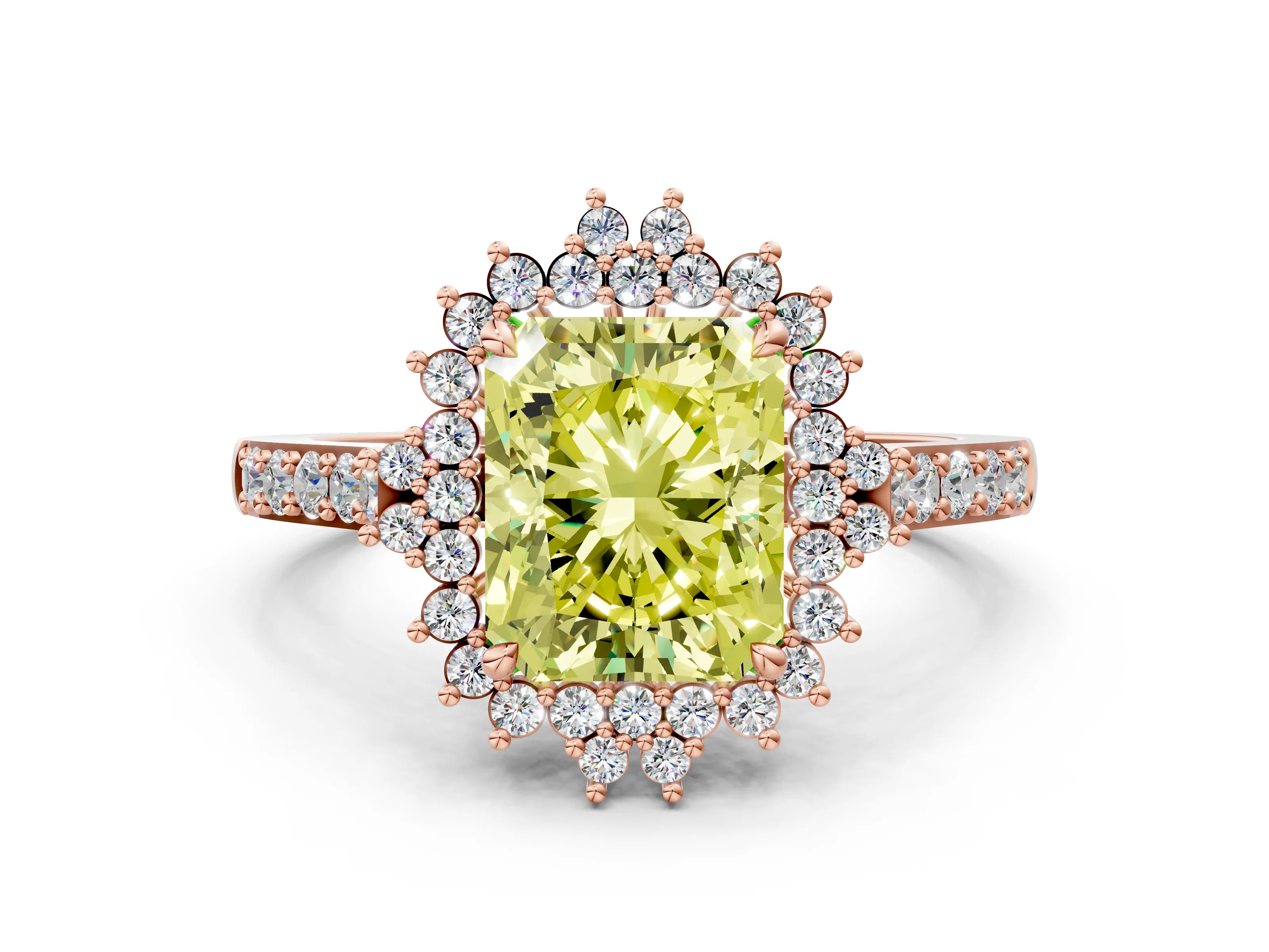 Rose gold Fancy Yellow Radiant Cut Cut Diamond Sunburst Halo Engagement Ring with Pavé Band