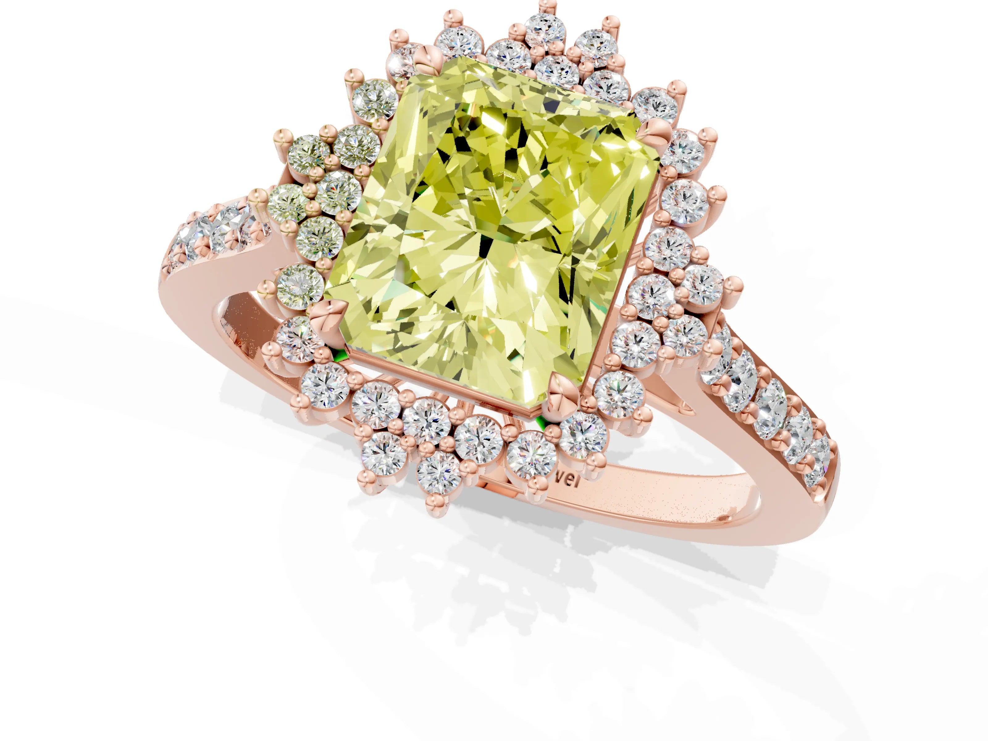 Rose gold Fancy Yellow Radiant Cut Cut Diamond Sunburst Halo Engagement Ring with Pavé Band_1