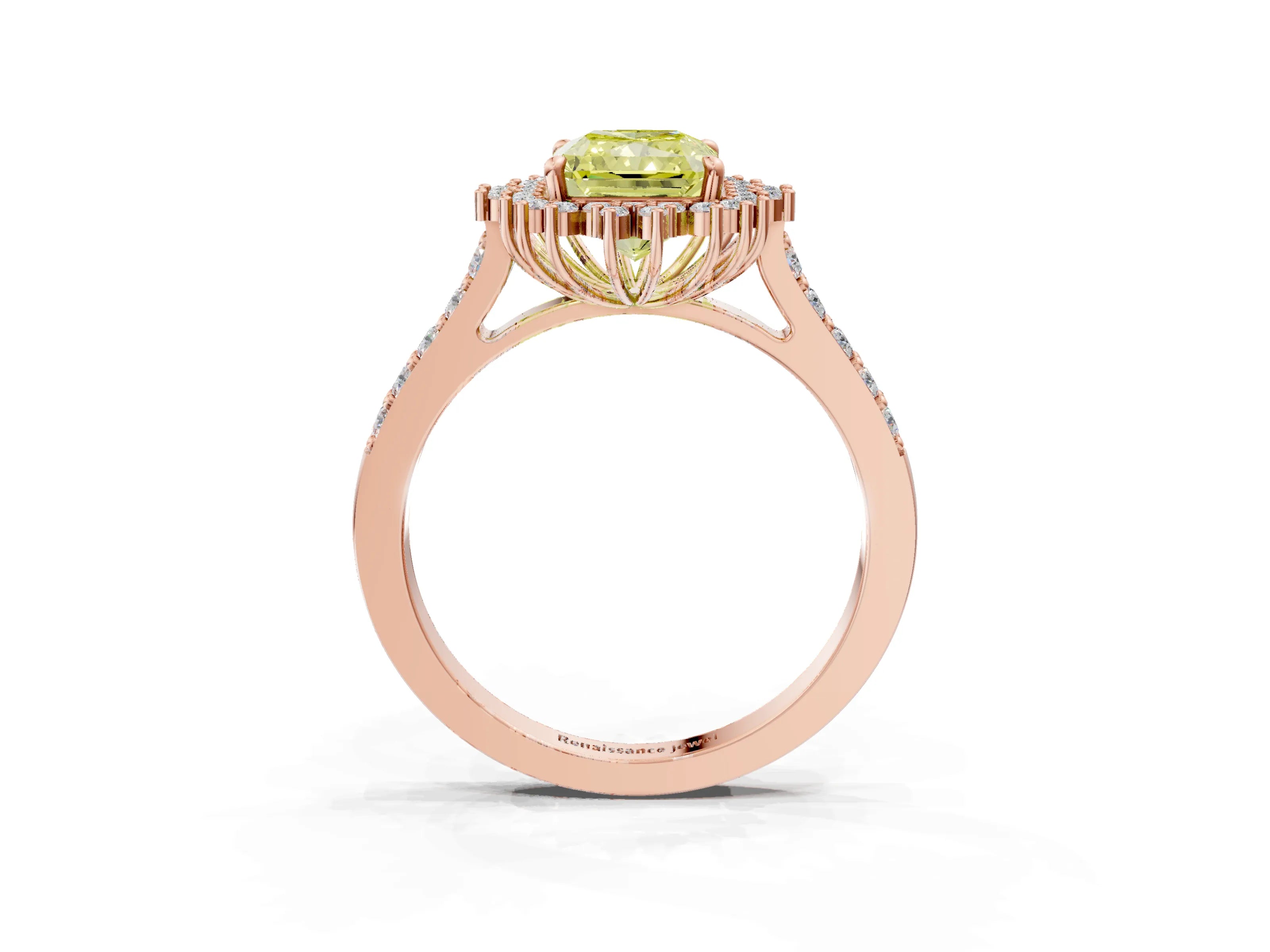 Rose gold Fancy Yellow Radiant Cut Cut Diamond Sunburst Halo Engagement Ring with Pavé Band_3