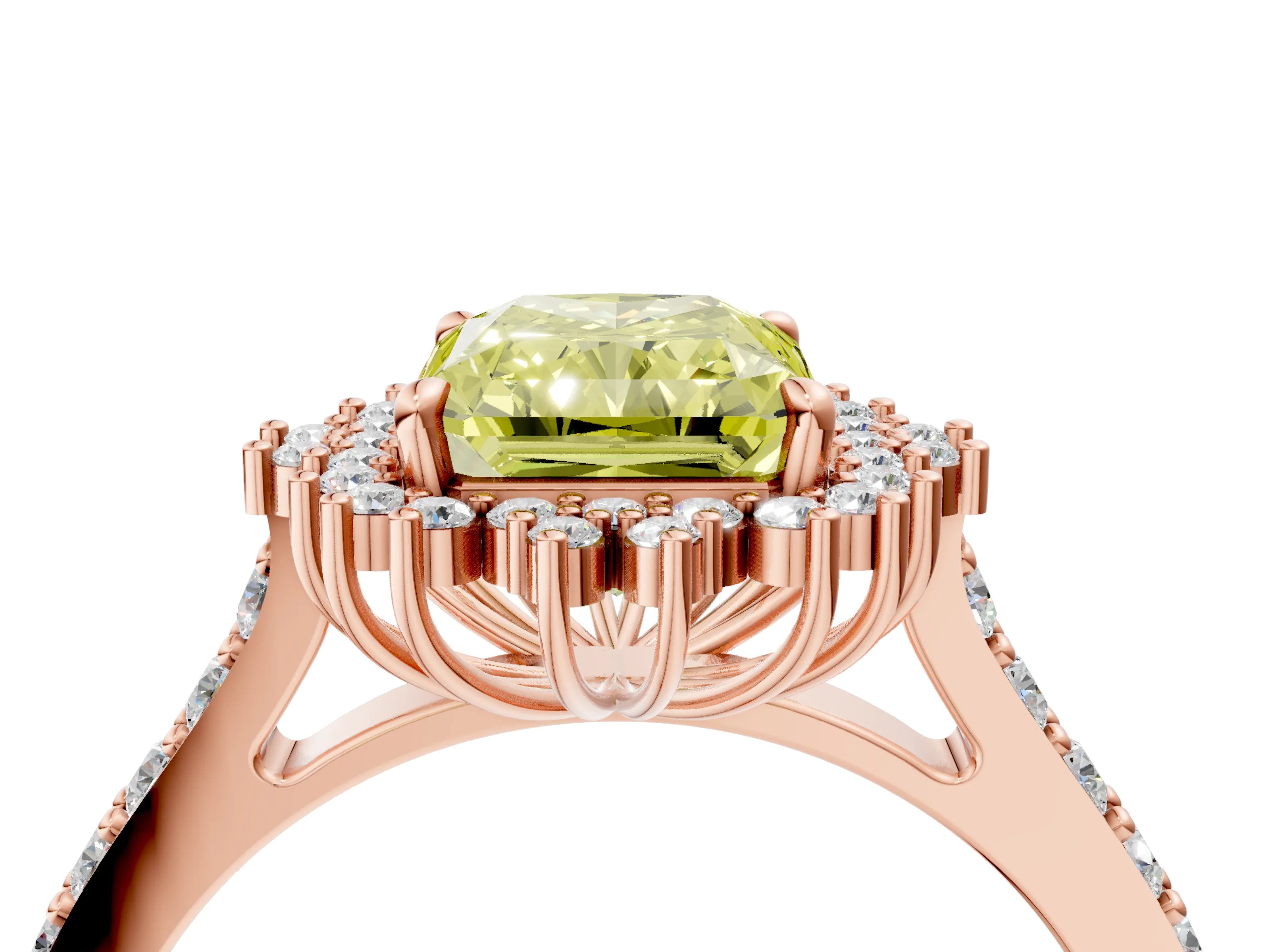 Rose gold Fancy Yellow Radiant Cut Cut Diamond Sunburst Halo Engagement Ring with Pavé Band_4
