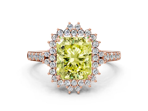 Rose gold Fancy Yellow Radiant Cut Cut Diamond Sunburst Halo Engagement Ring with Pavé Band