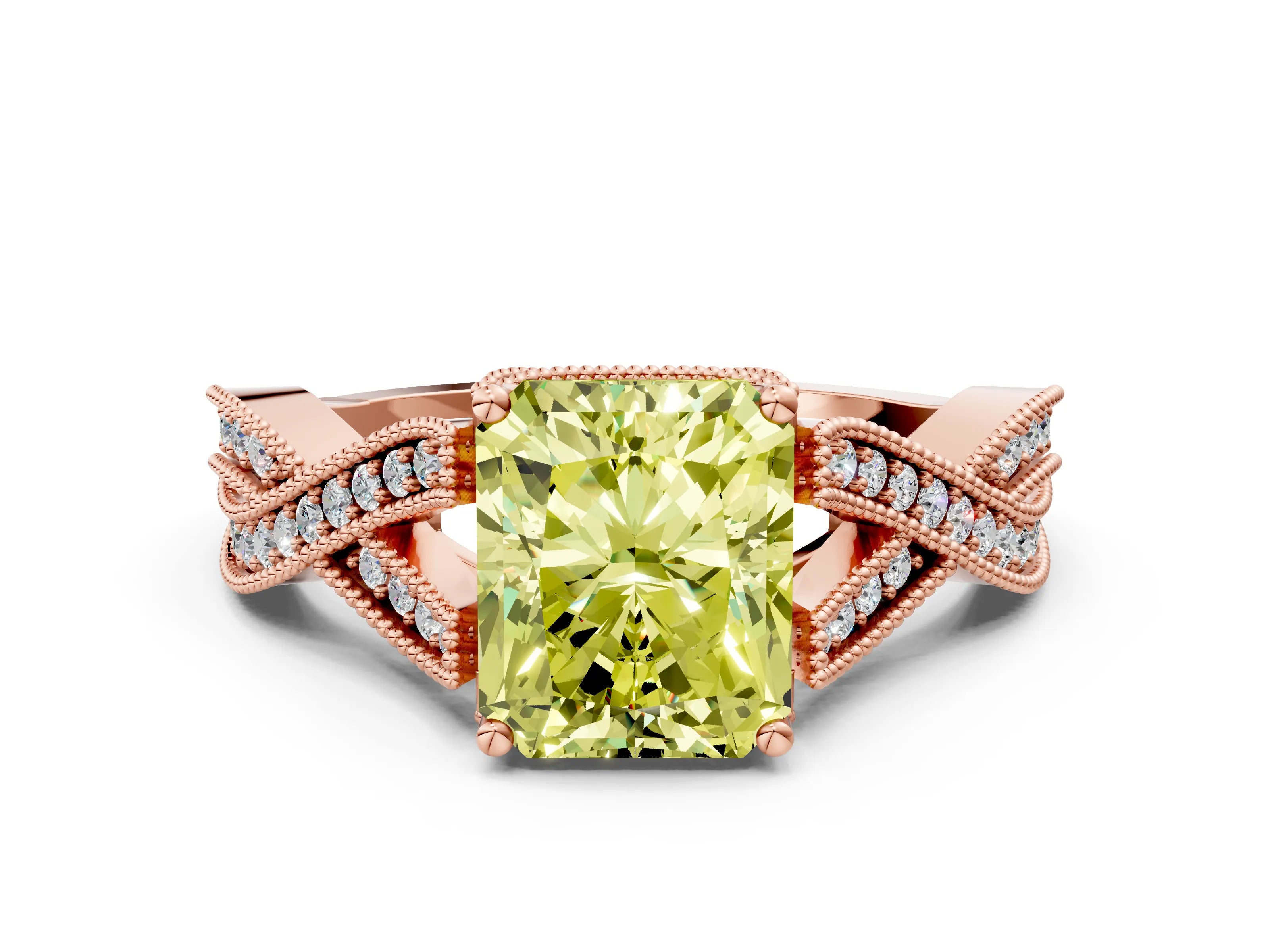 Rose gold Fancy Yellow Radiant Cut Cut Diamond Twisted Band with Milgrain Pave Setting and Four-Prong Setting