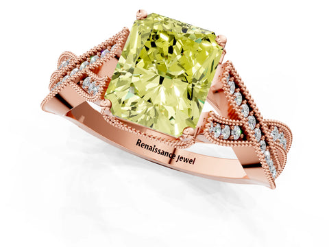 Rose gold Fancy Yellow Radiant Cut Cut Diamond Twisted Band with Milgrain Pave Setting and Four-Prong Setting_1