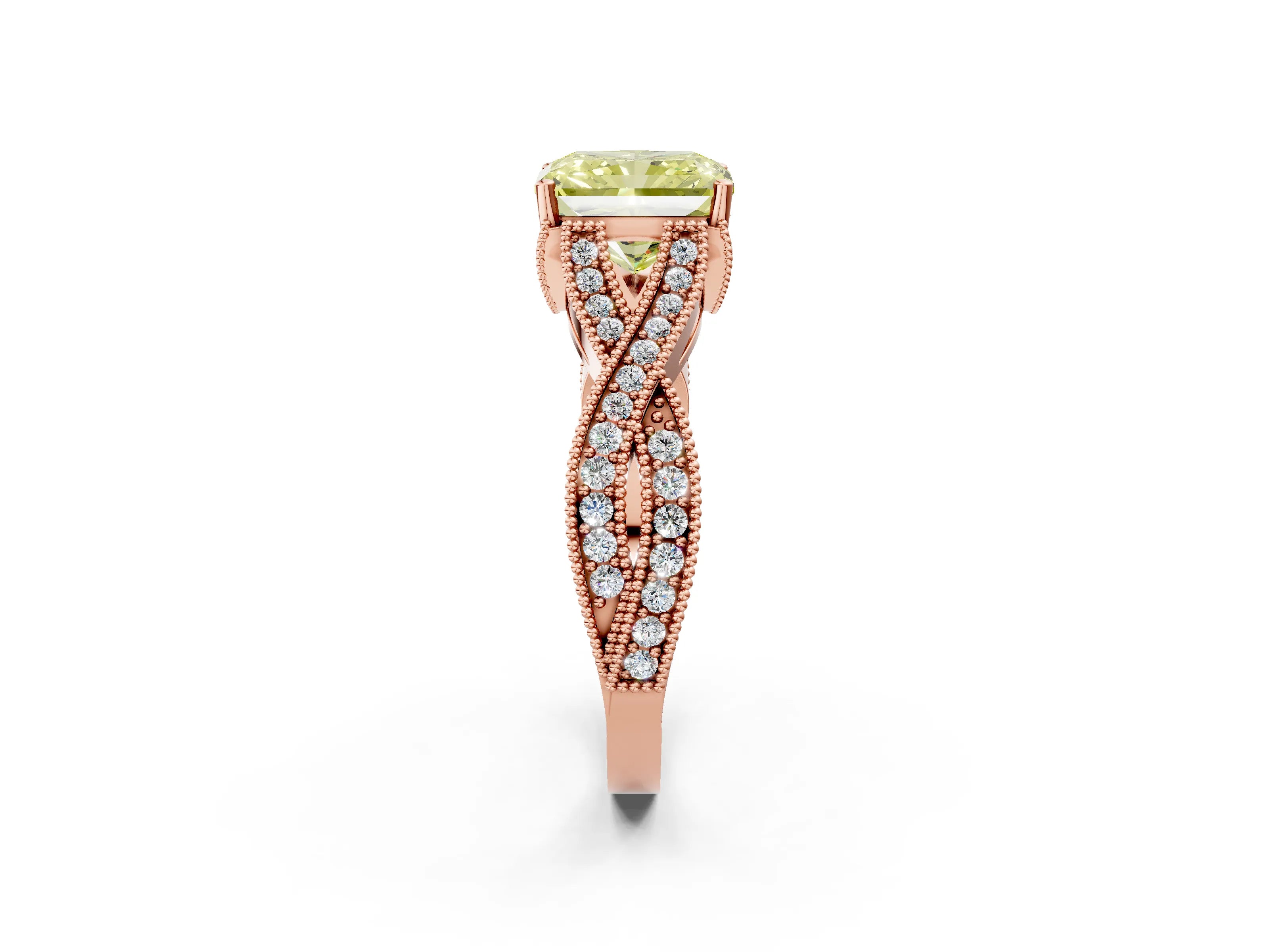 Rose gold Fancy Yellow Radiant Cut Cut Diamond Twisted Band with Milgrain Pave Setting and Four-Prong Setting_2