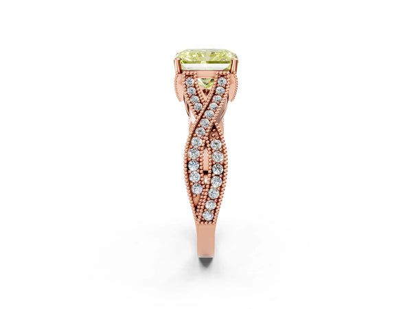 Rose gold Fancy Yellow Radiant Cut Cut Diamond Twisted Band with Milgrain Pave Setting and Four-Prong Setting