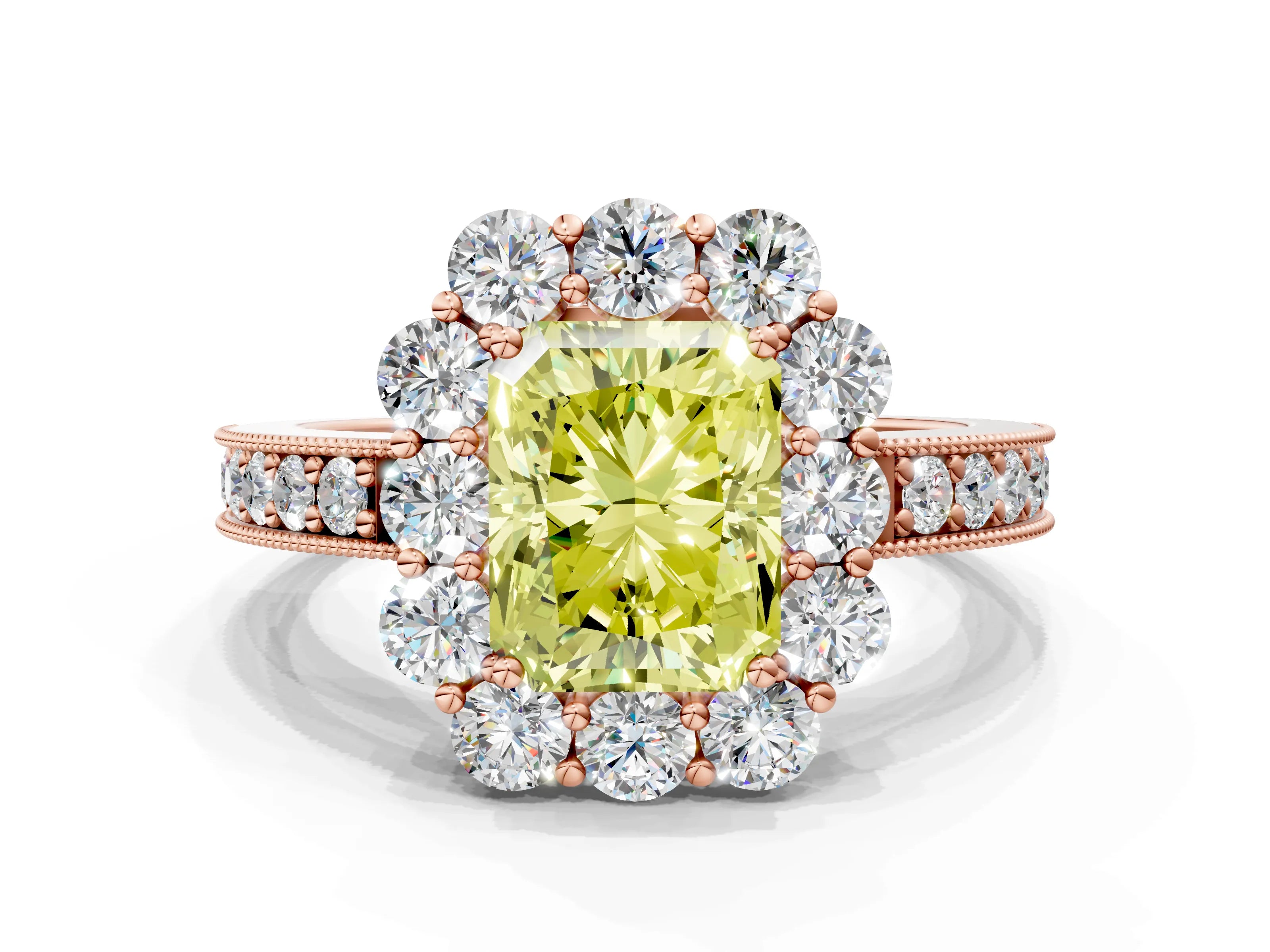 Rose gold Fancy Yellow Radiant Cut Cut Halo Diamond Pavé Engagement Ring with Milgrain Detailing