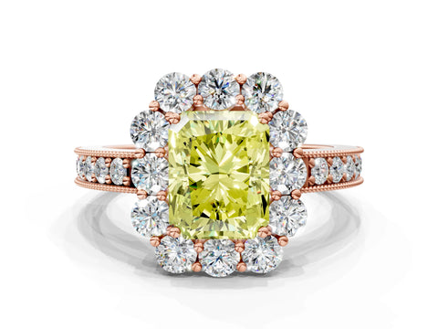 Rose gold Fancy Yellow Radiant Cut Cut Halo Diamond Pavé Engagement Ring with Milgrain Detailing