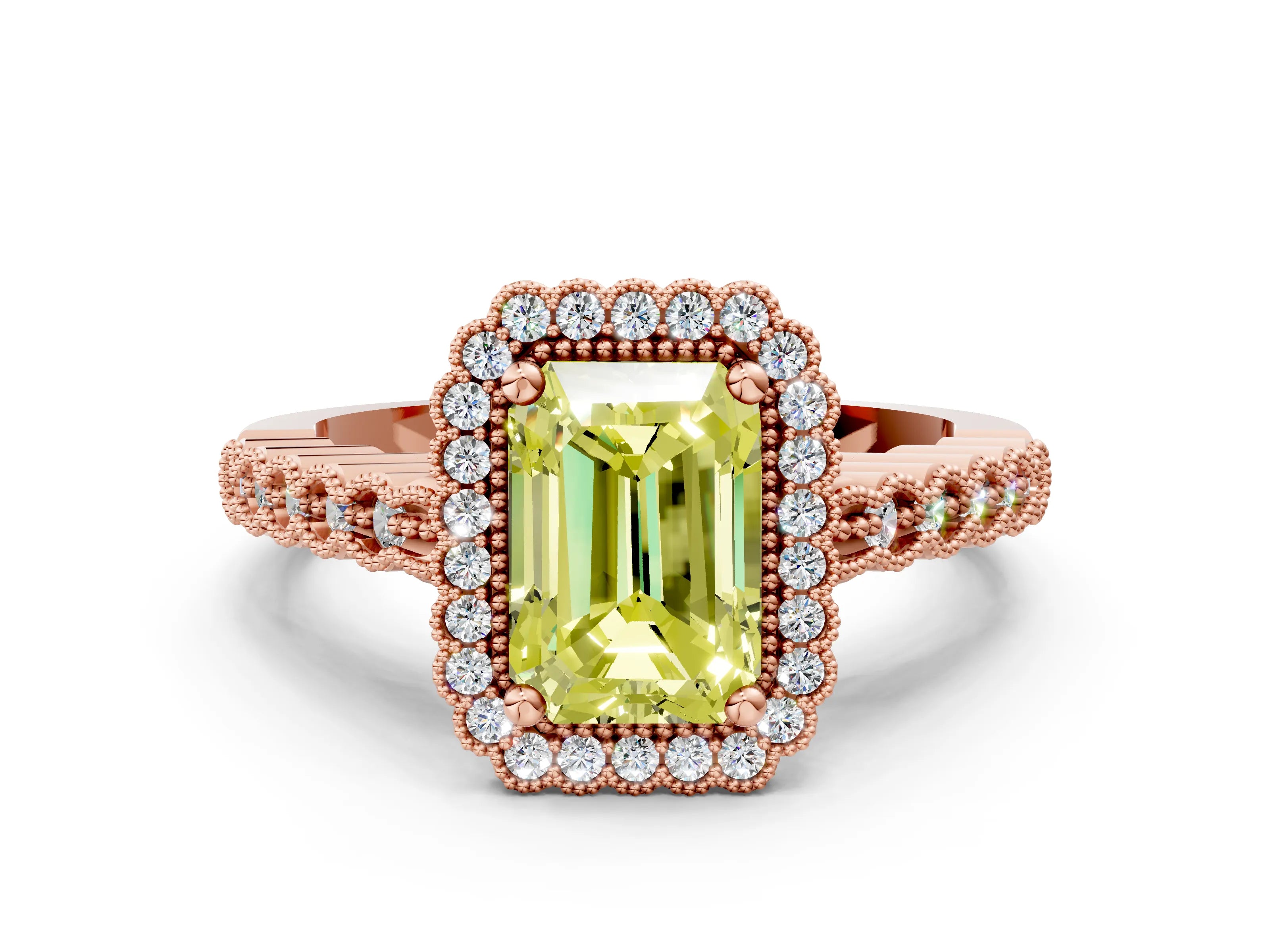 Rose gold Fancy Yellow Radiant Cut Cut Halo Pavé Solitaire Ring with Milgrain Band
