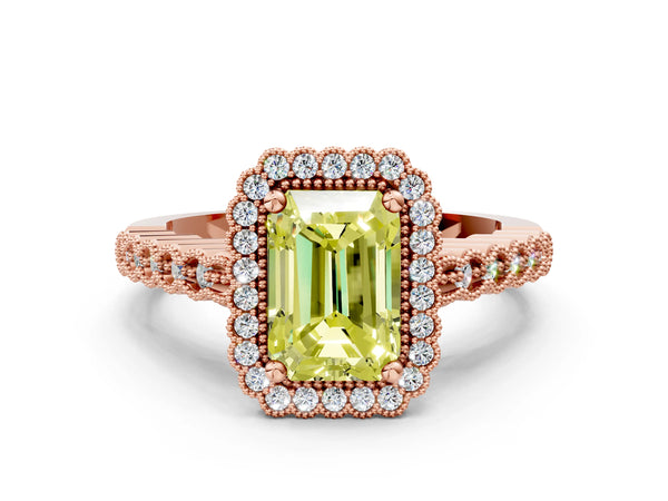 Rose gold Fancy Yellow Radiant Cut Cut Halo Pavé Solitaire Ring with Milgrain Band