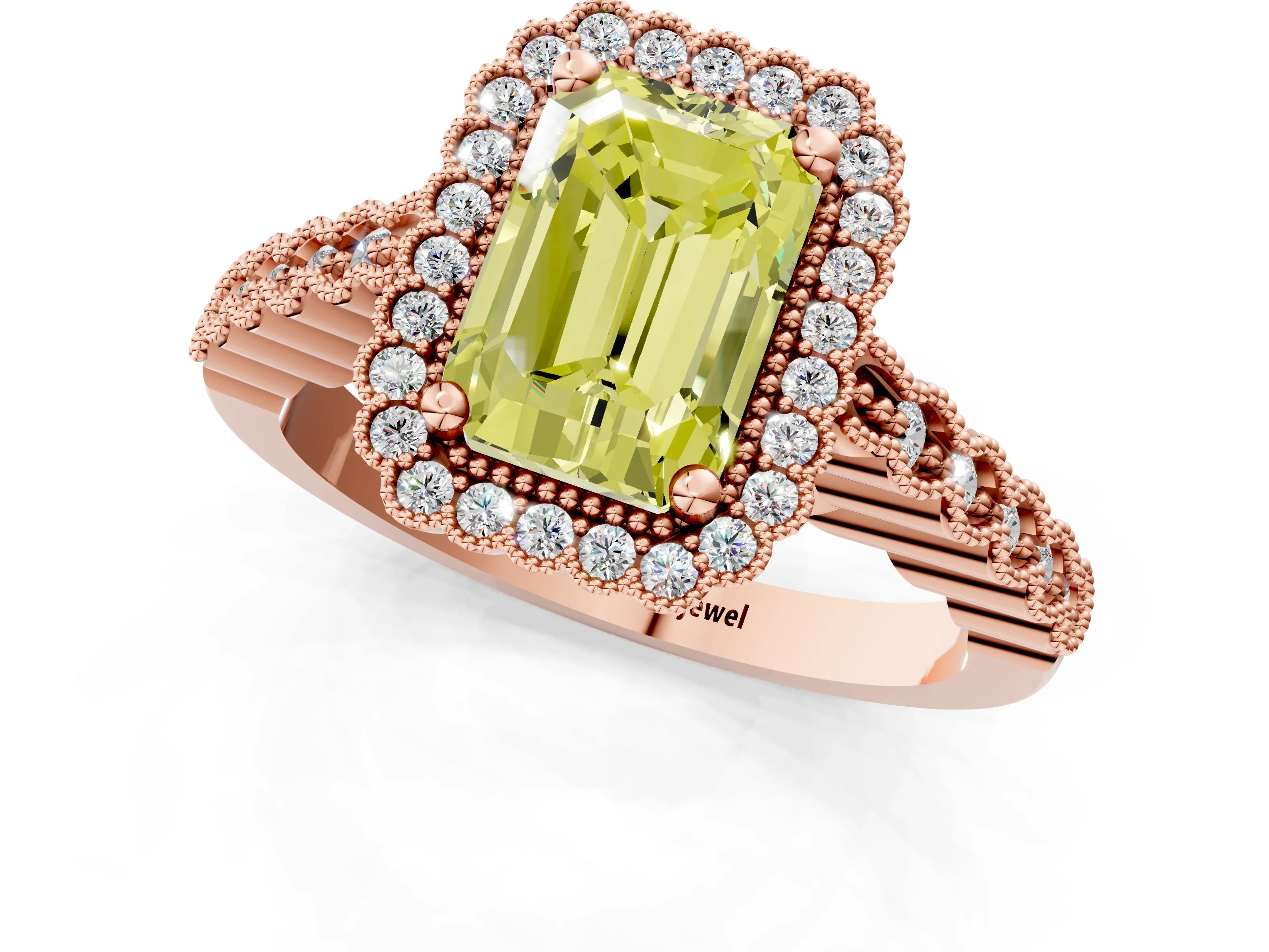 Rose gold Fancy Yellow Radiant Cut Cut Halo Pavé Solitaire Ring with Milgrain Band_1