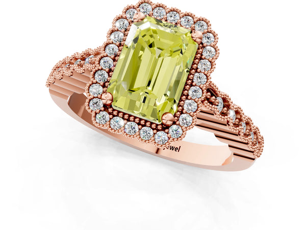 Rose gold Fancy Yellow Radiant Cut Cut Halo Pavé Solitaire Ring with Milgrain Band