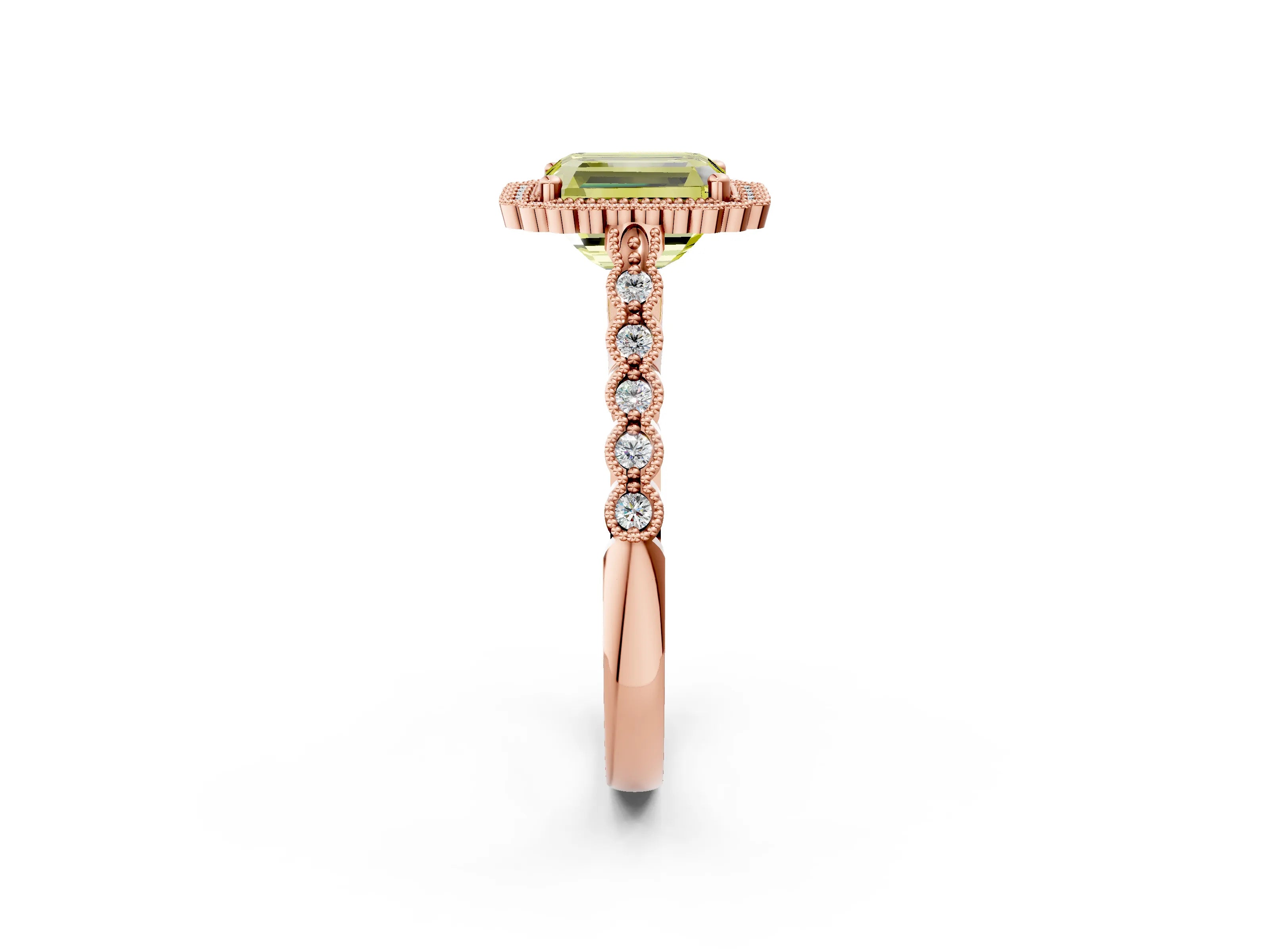 Rose gold Fancy Yellow Radiant Cut Cut Halo Pavé Solitaire Ring with Milgrain Band_2