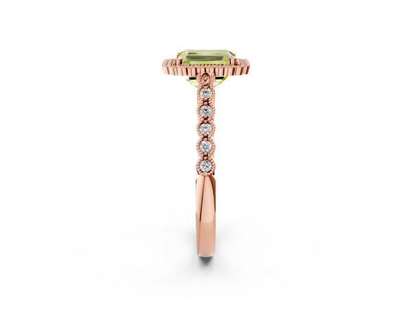Rose gold Fancy Yellow Radiant Cut Cut Halo Pavé Solitaire Ring with Milgrain Band