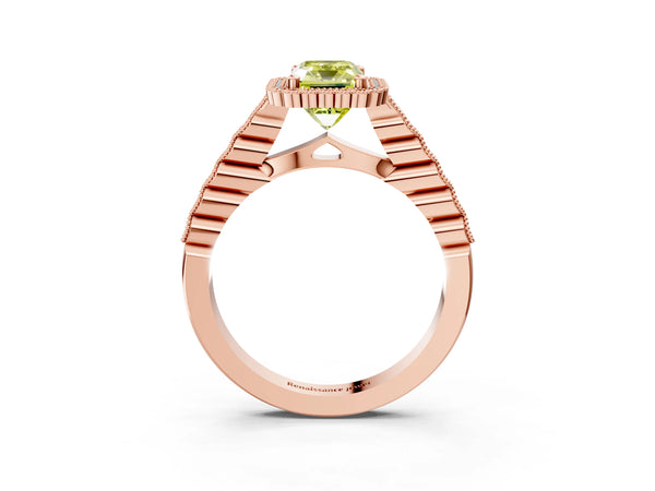 Rose gold Fancy Yellow Radiant Cut Cut Halo Pavé Solitaire Ring with Milgrain Band
