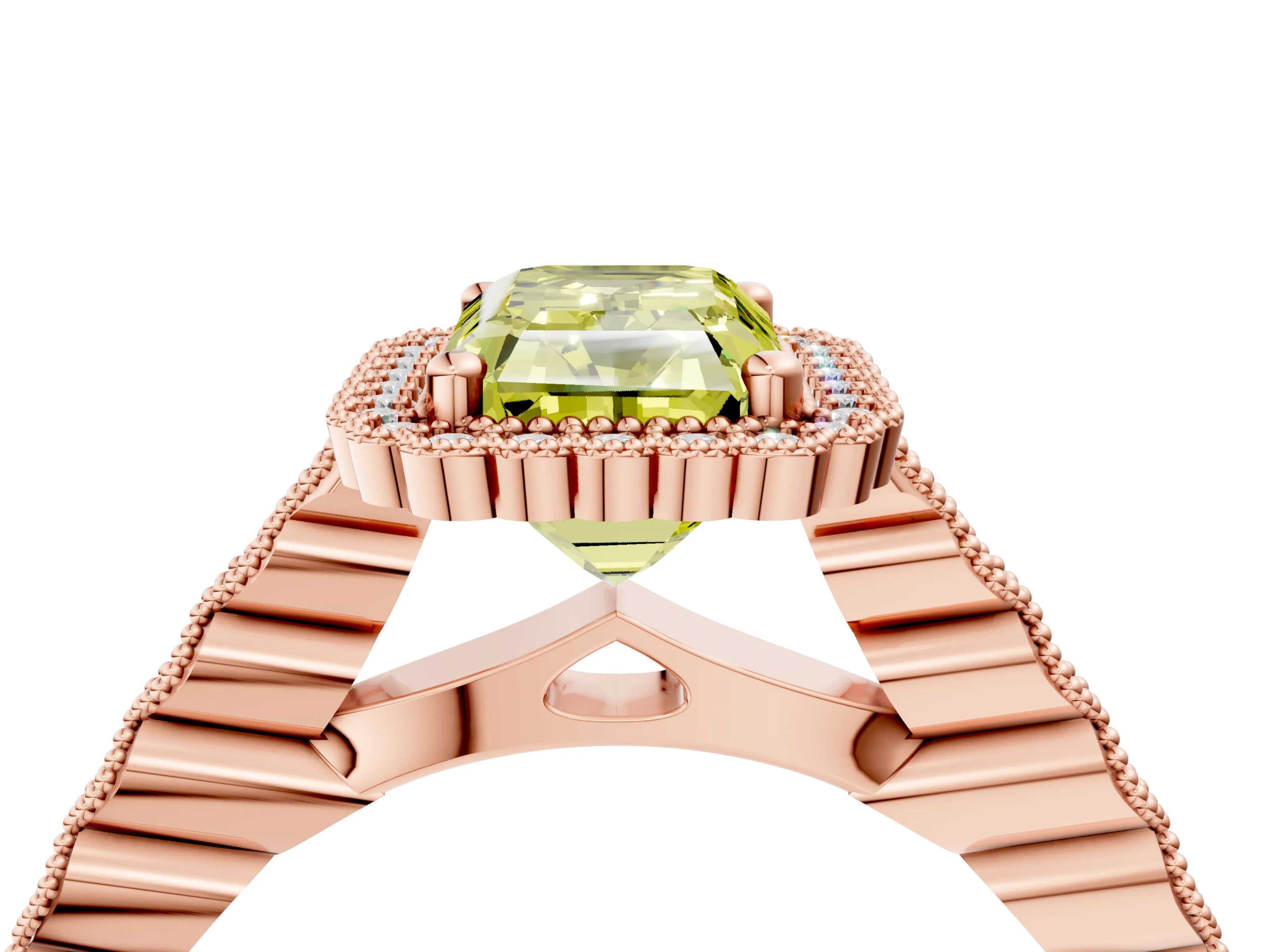 Rose gold Fancy Yellow Radiant Cut Cut Halo Pavé Solitaire Ring with Milgrain Band_4