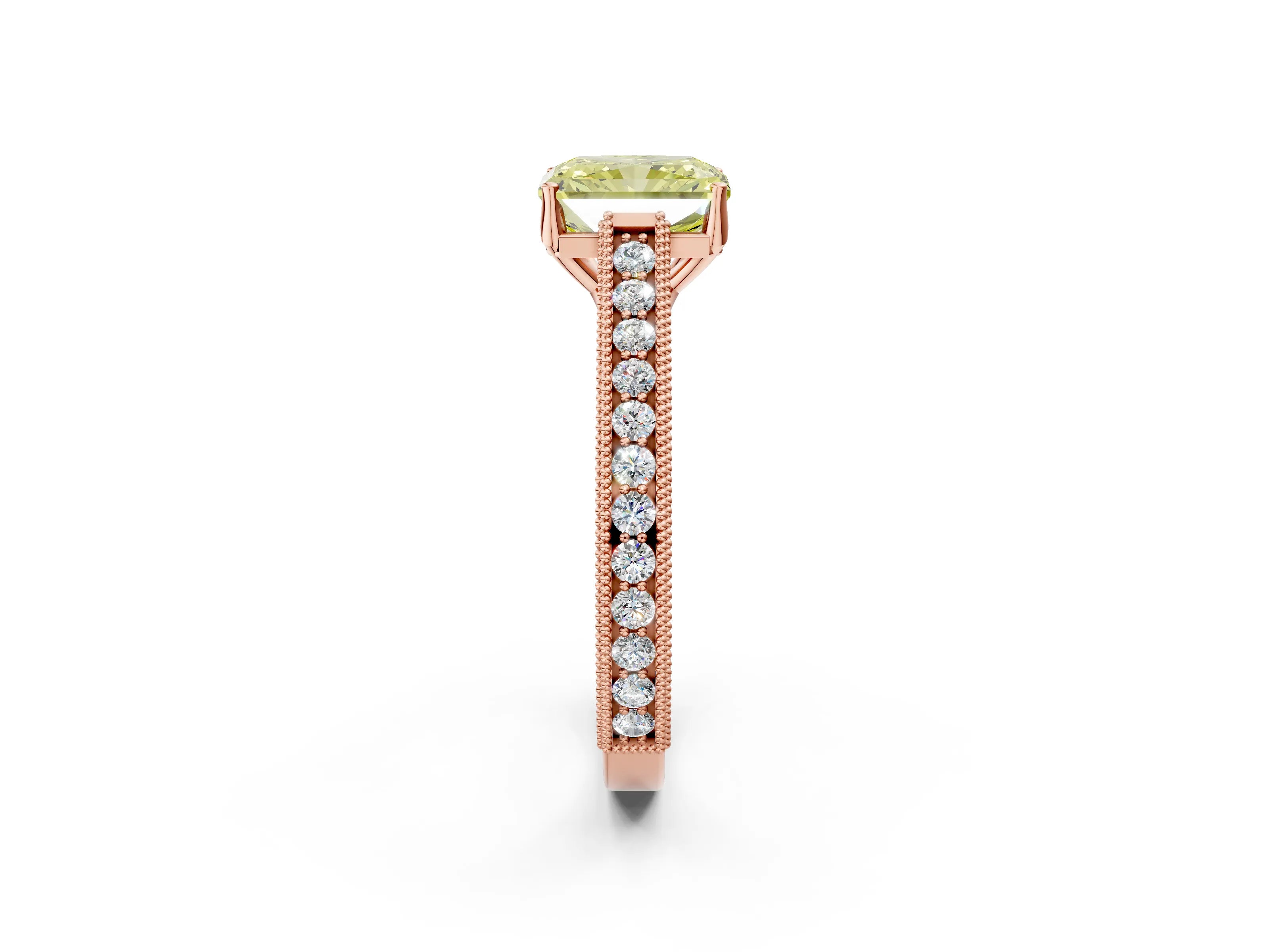 Rose gold Fancy Yellow Radiant Cut Cut Pave Band Milgrain Solitaire Ring_10