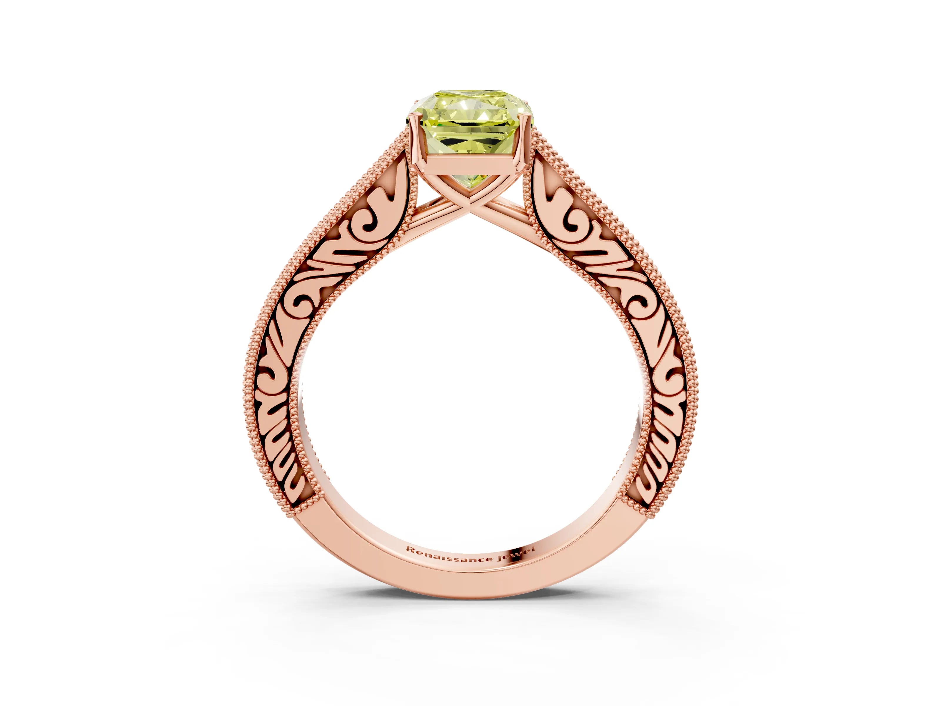 Rose gold Fancy Yellow Radiant Cut Cut Pave Band Milgrain Solitaire Ring_3