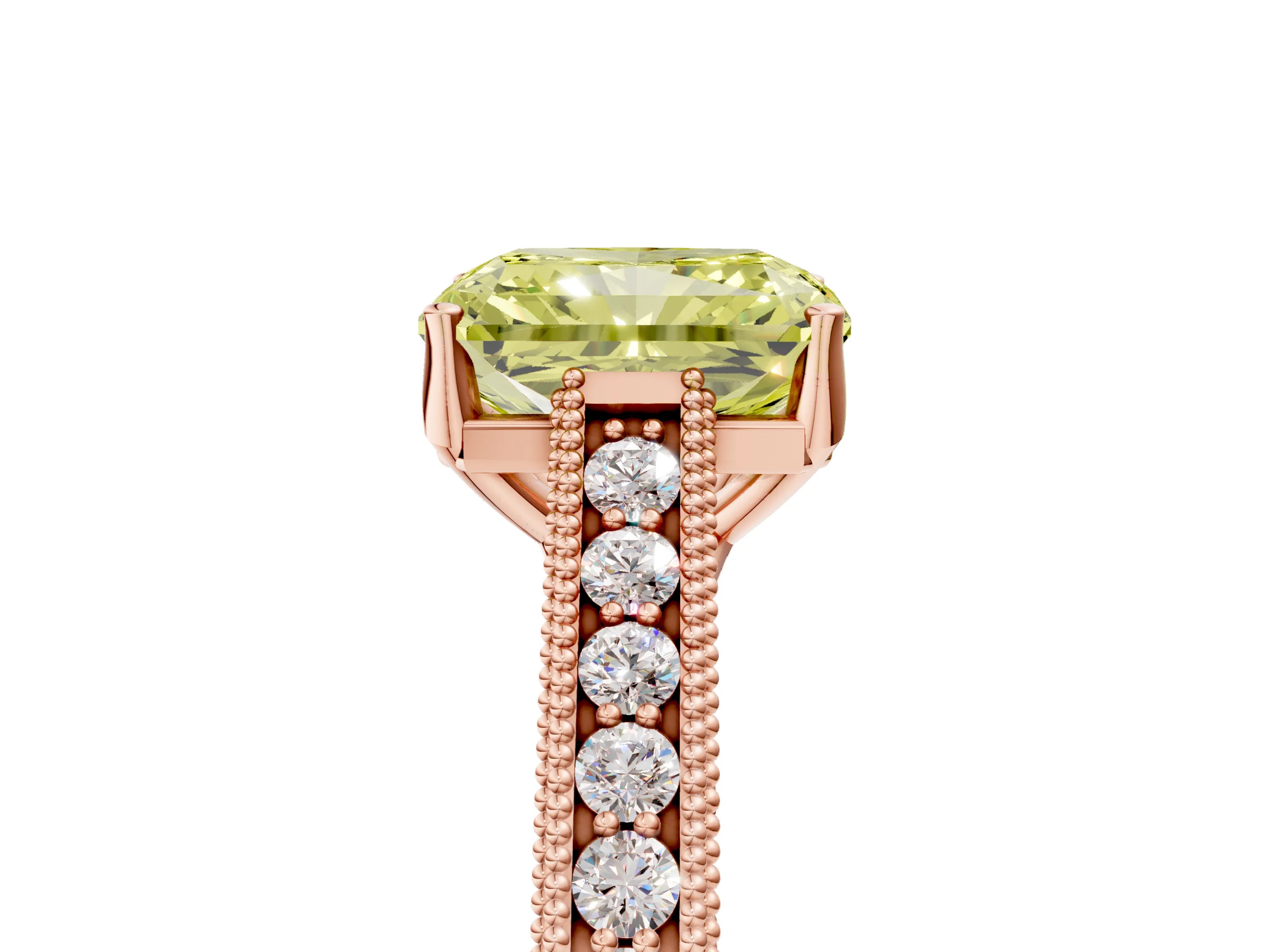 Rose gold Fancy Yellow Radiant Cut Cut Pave Band Milgrain Solitaire Ring_5