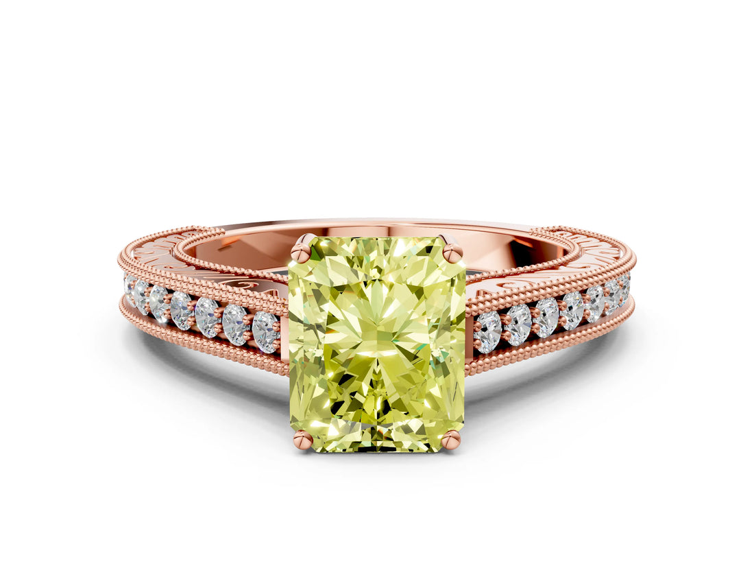 Rose gold Fancy Yellow Radiant Cut Cut Pave Band Milgrain Solitaire Ring_8