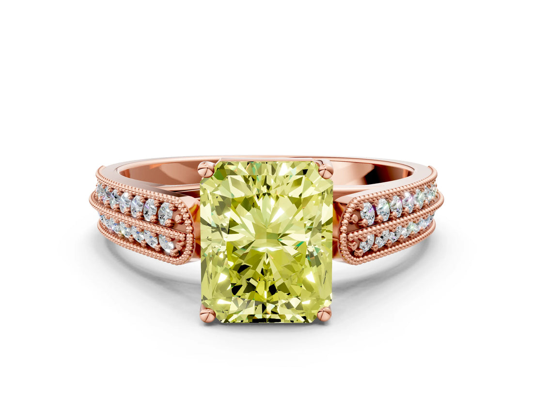 Rose gold Fancy Yellow Radiant Cut Cut Pave Split Shank Engagement Ring with Four-Prong Setting