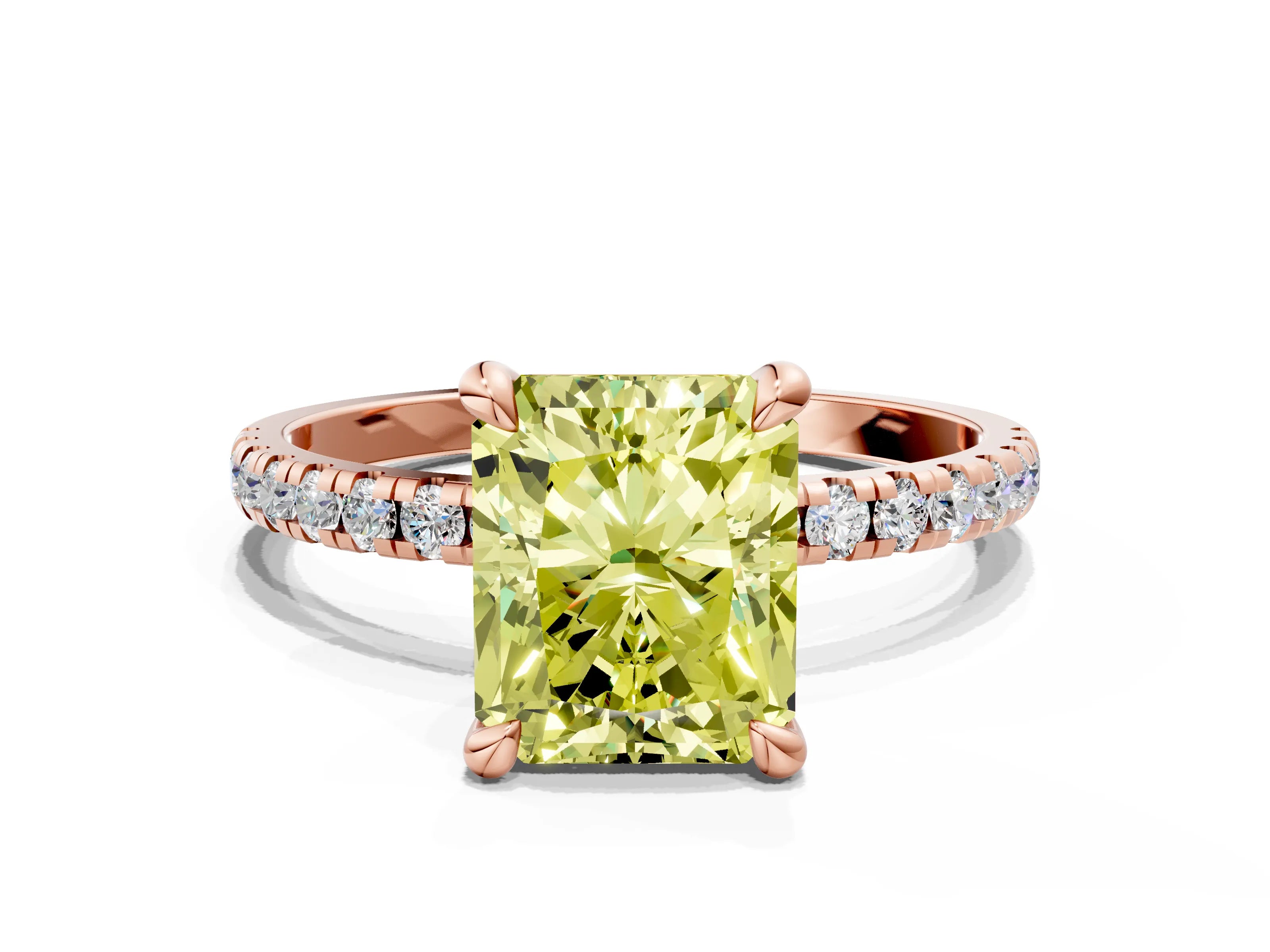 Rose gold Fancy Yellow Radiant Cut Diamond Brilliant Solitaire Ring with Pavé Band and Four-Prong Setting