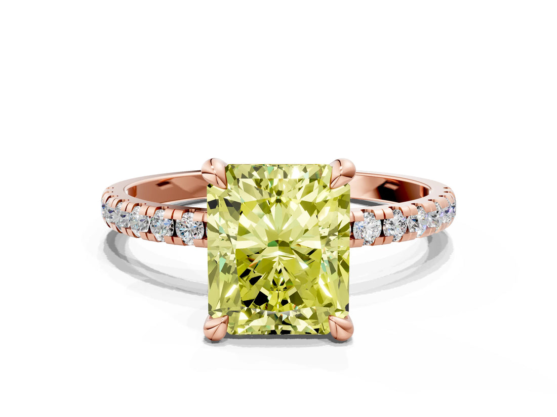 Rose gold Fancy Yellow Radiant Cut Diamond Brilliant Solitaire Ring with Pavé Band and Four-Prong Setting
