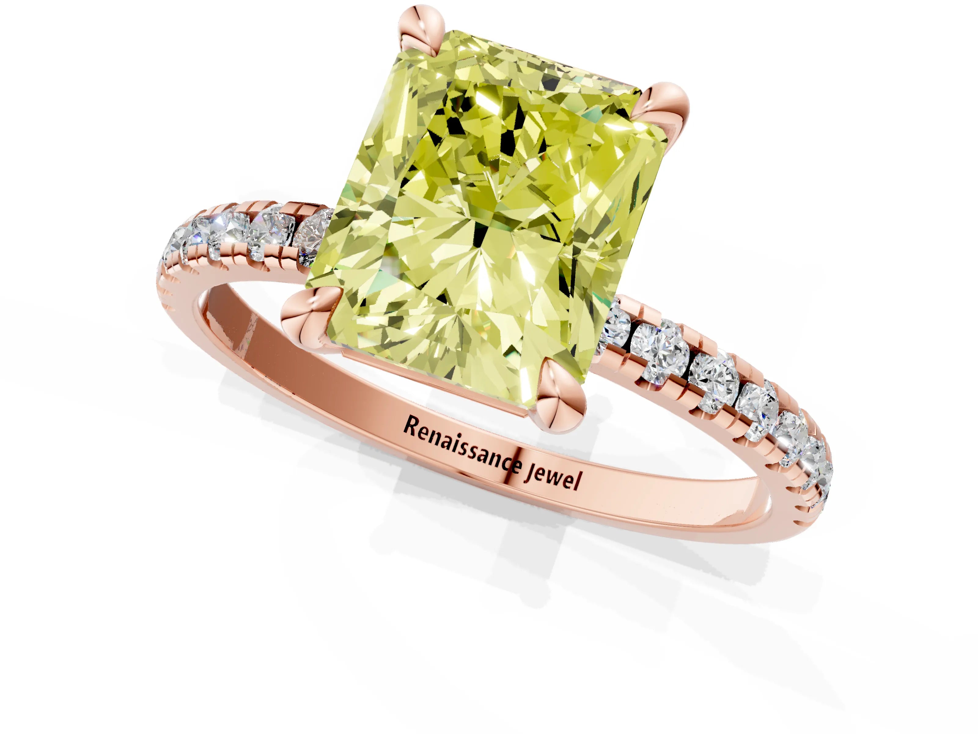 Rose gold Fancy Yellow Radiant Cut Diamond Brilliant Solitaire Ring with Pavé Band and Four-Prong Setting_1