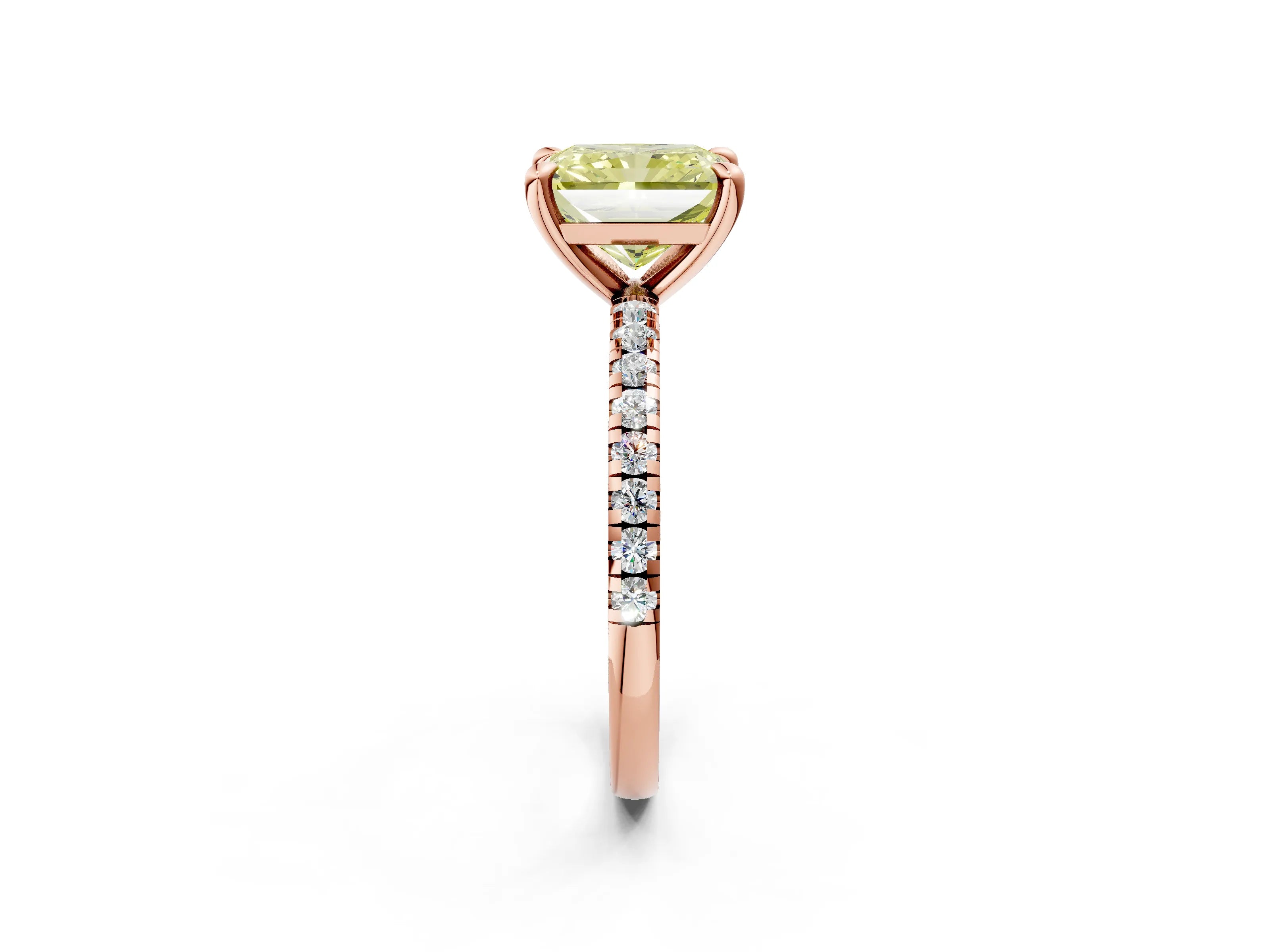 Rose gold Fancy Yellow Radiant Cut Diamond Brilliant Solitaire Ring with Pavé Band and Four-Prong Setting_2