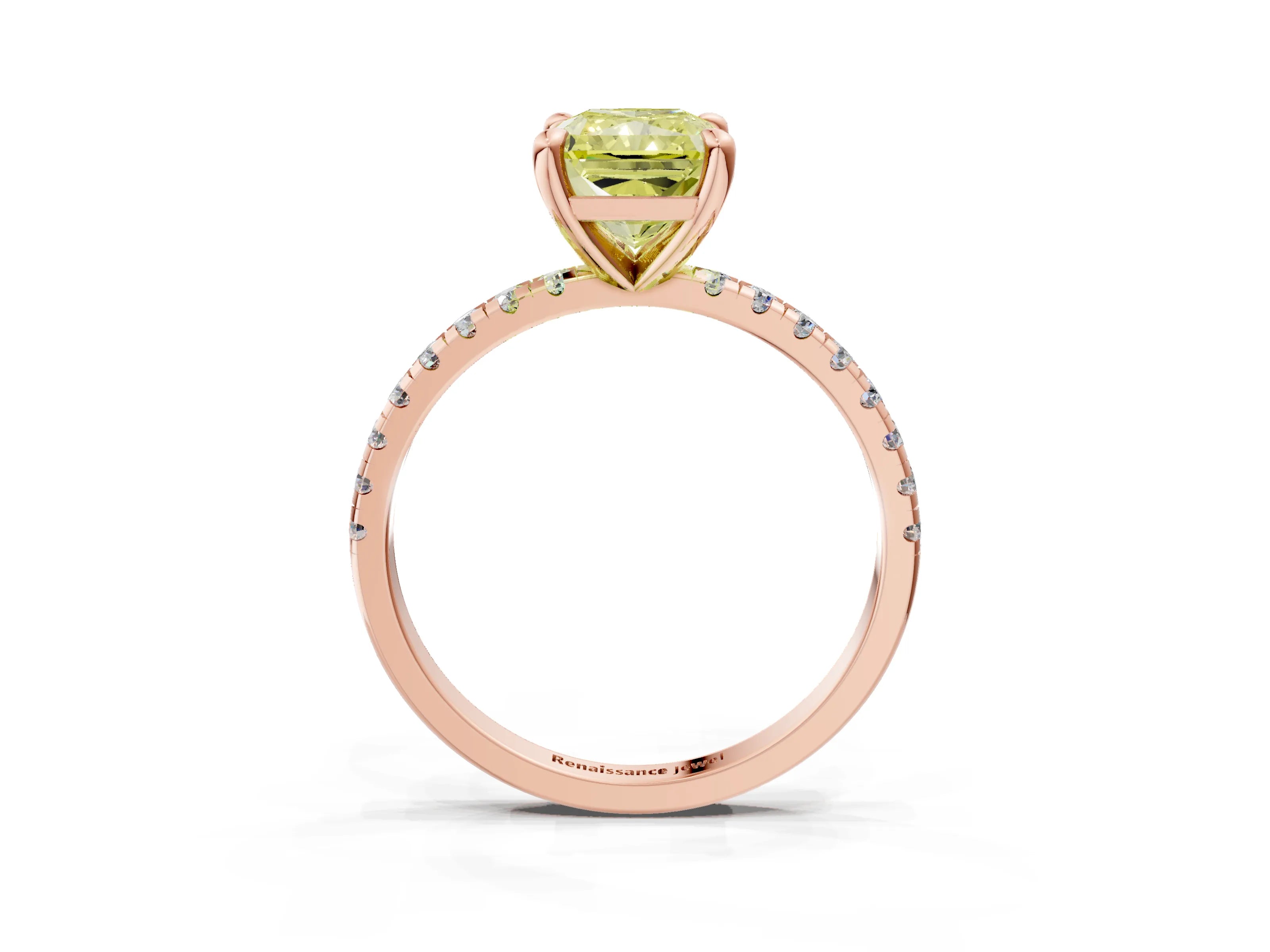Rose gold Fancy Yellow Radiant Cut Diamond Brilliant Solitaire Ring with Pavé Band and Four-Prong Setting_3