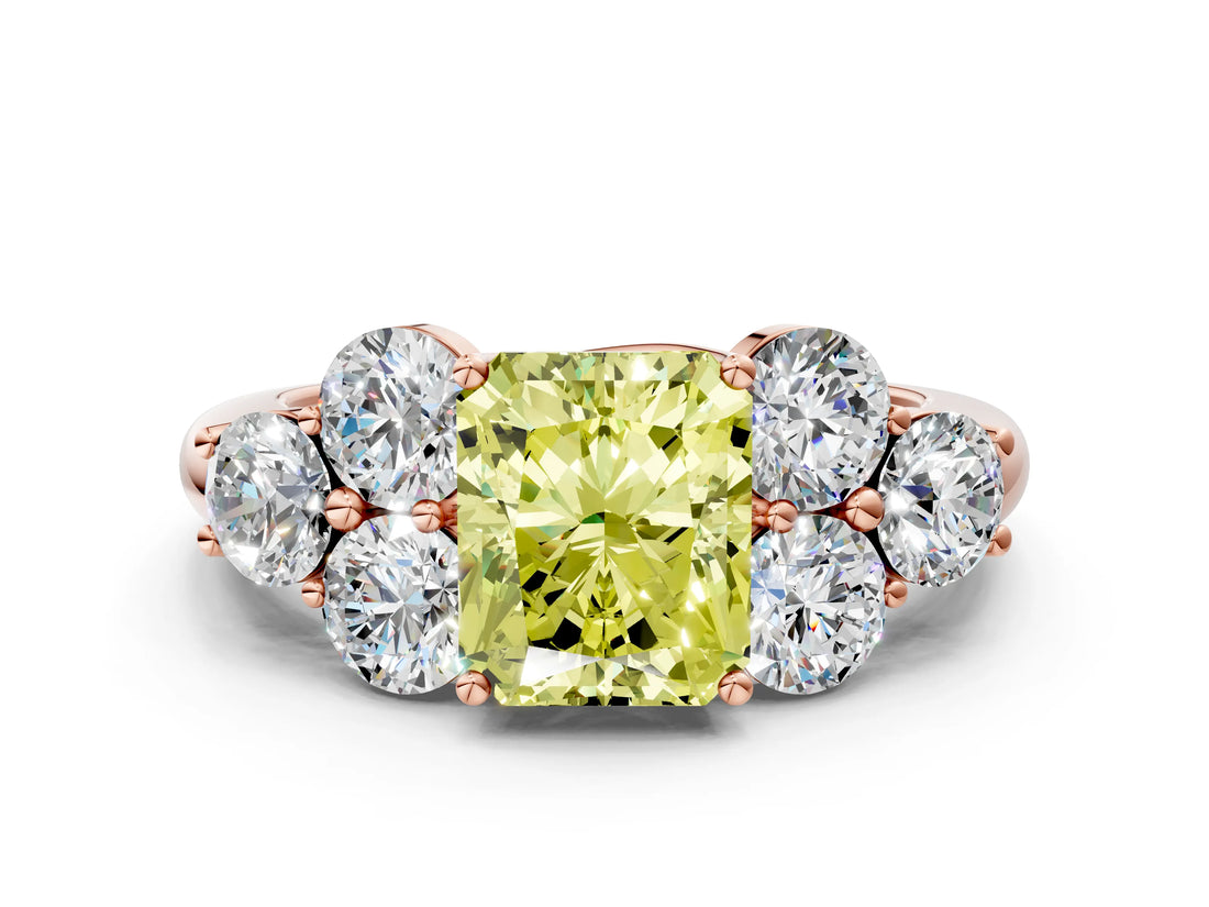 Rose gold Fancy Yellow Radiant  Cut Diamond Cluster Ring with Round Accent Stones and Prong Setting on a Classic Band_48