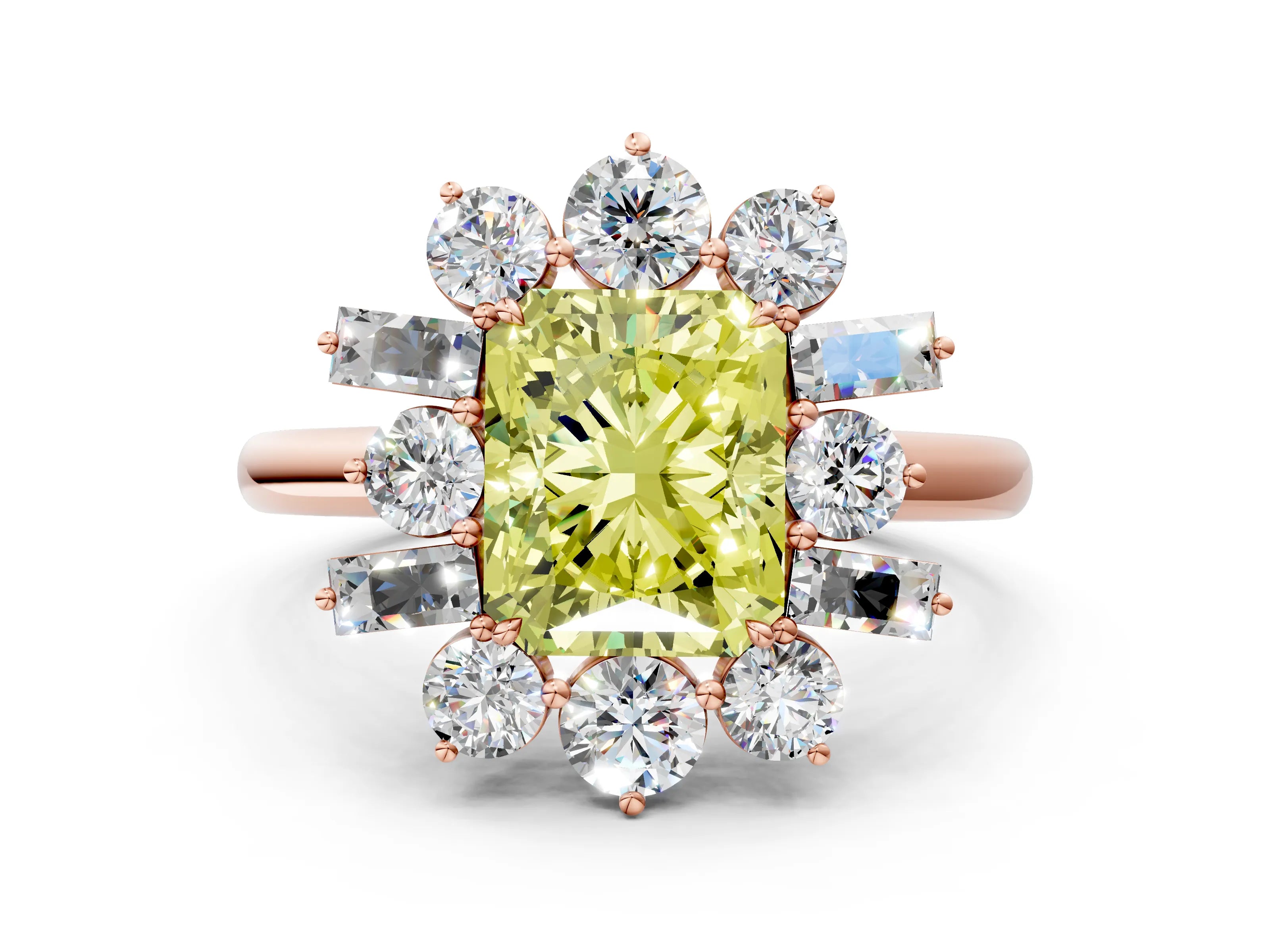 Rose gold Fancy Yellow Radiant Cut Diamond Cluster Ring with Round and Baguette Stones, Split Shank Band, Prong Setting