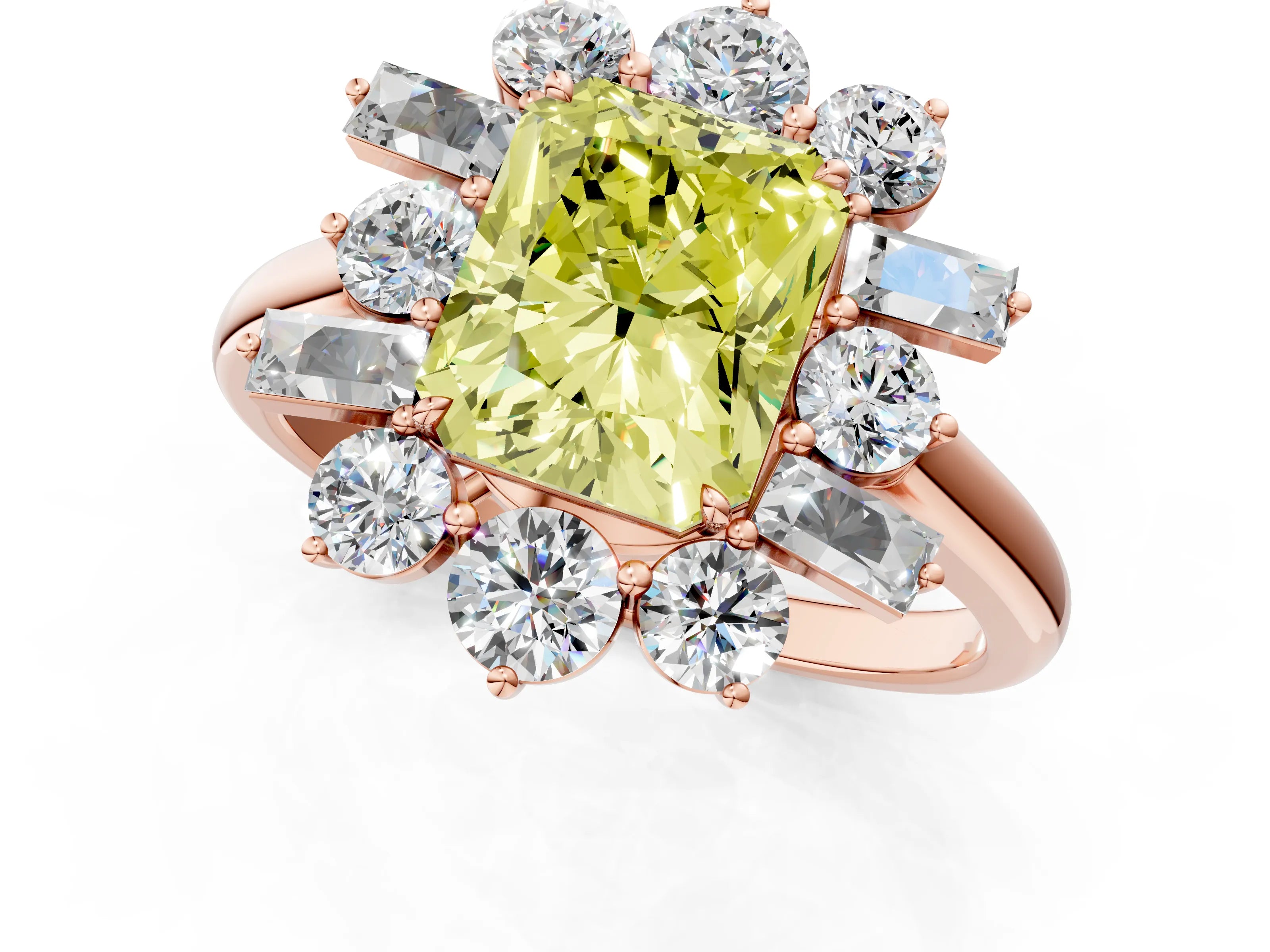 Rose gold Fancy Yellow Radiant Cut Diamond Cluster Ring with Round and Baguette Stones, Split Shank Band, Prong Setting_1