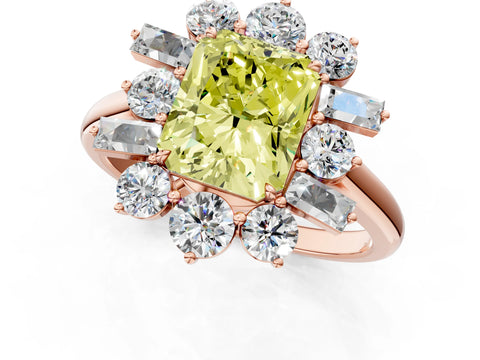 Rose gold Fancy Yellow Radiant Cut Diamond Cluster Ring with Round and Baguette Stones, Split Shank Band, Prong Setting_1