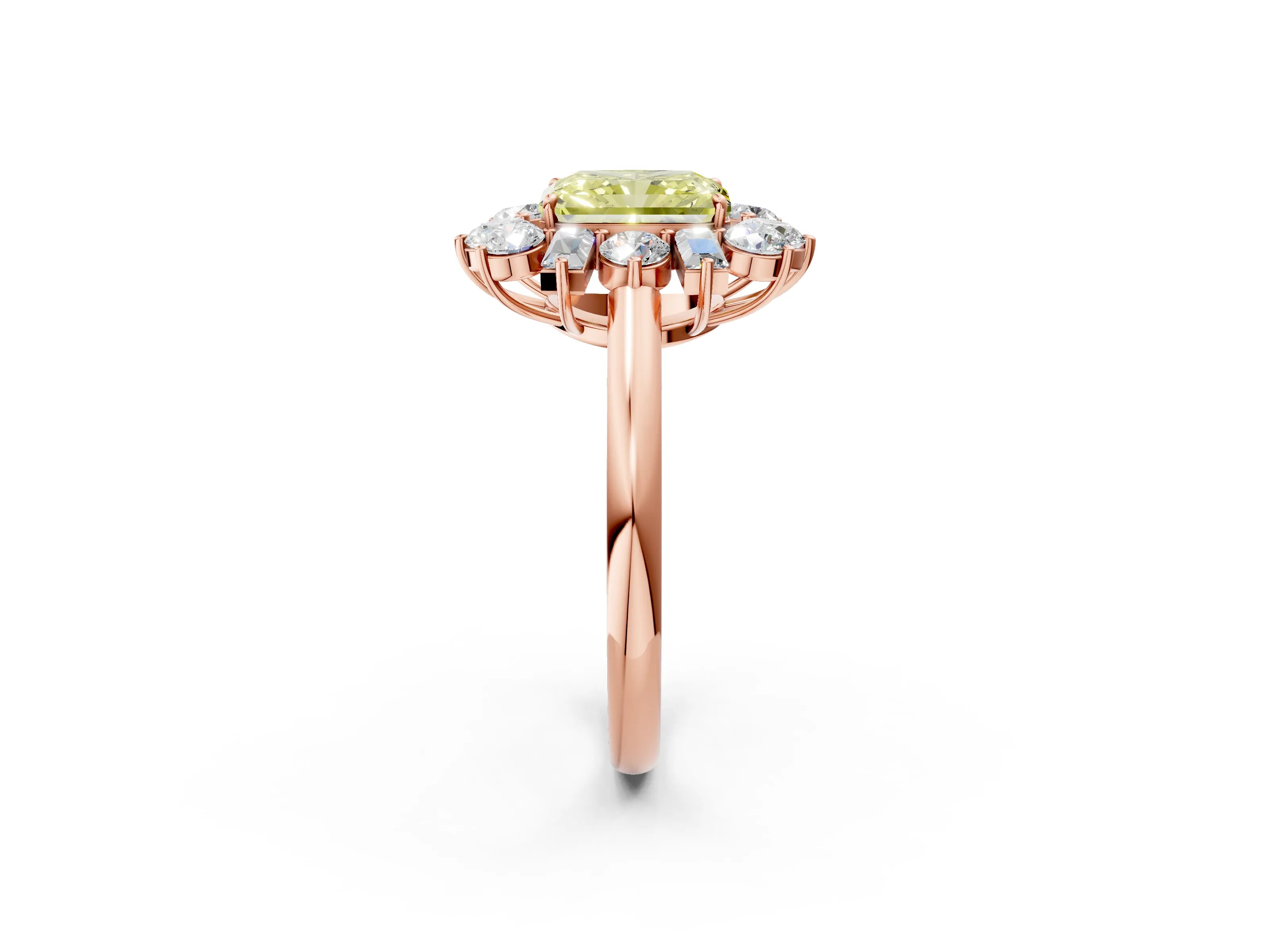 Rose gold Fancy Yellow Radiant Cut Diamond Cluster Ring with Round and Baguette Stones, Split Shank Band, Prong Setting_2
