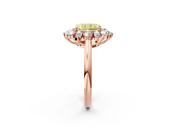 Rose gold Fancy Yellow Radiant Cut Diamond Cluster Ring with Round and Baguette Stones, Split Shank Band, Prong Setting