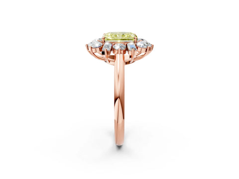 Rose gold Fancy Yellow Radiant Cut Diamond Cluster Ring with Round and Baguette Stones, Split Shank Band, Prong Setting_2