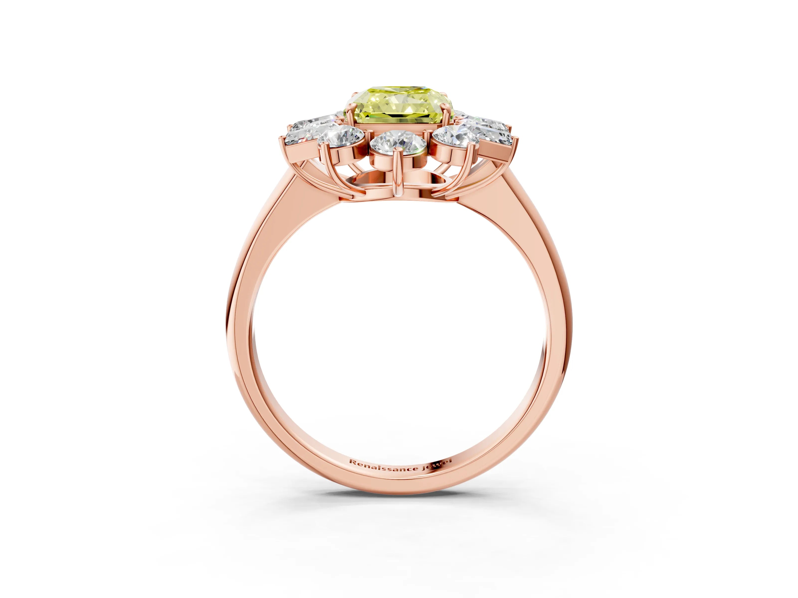 Rose gold Fancy Yellow Radiant Cut Diamond Cluster Ring with Round and Baguette Stones, Split Shank Band, Prong Setting_3