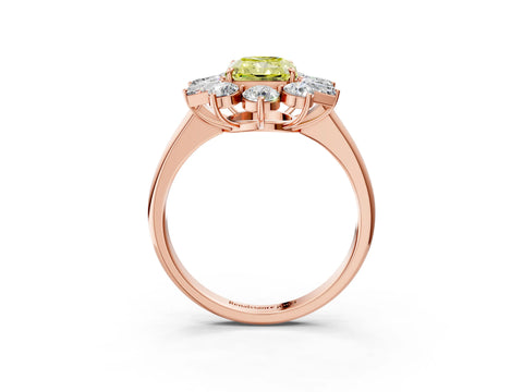 Rose gold Fancy Yellow Radiant Cut Diamond Cluster Ring with Round and Baguette Stones, Split Shank Band, Prong Setting_3