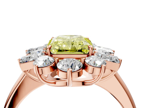 Rose gold Fancy Yellow Radiant Cut Diamond Cluster Ring with Round and Baguette Stones, Split Shank Band, Prong Setting_4