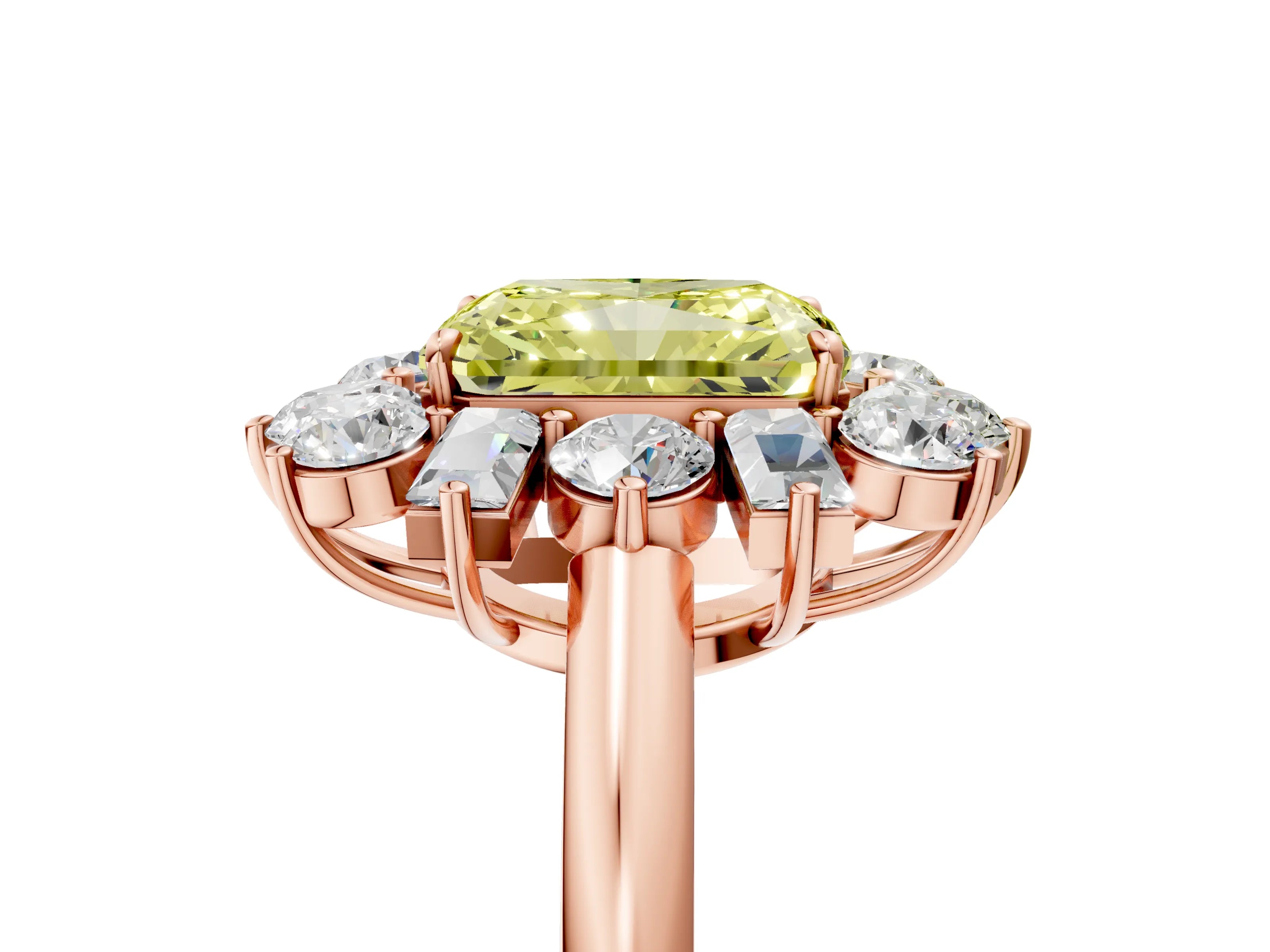 Rose gold Fancy Yellow Radiant Cut Diamond Cluster Ring with Round and Baguette Stones, Split Shank Band, Prong Setting_5