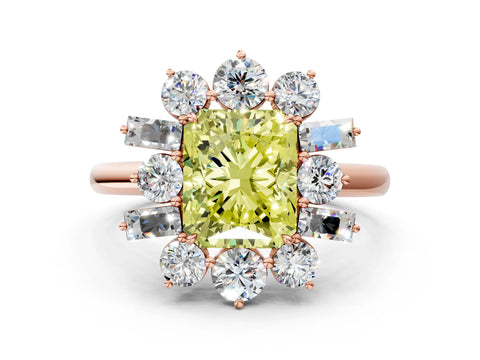 Rose gold Fancy Yellow Radiant Cut Diamond Cluster Ring with Round and Baguette Stones, Split Shank Band, Prong Setting