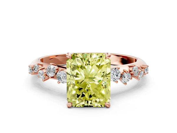 Rose gold Fancy Yellow Radiant Cut Diamond Cluster Side Stone Solitaire Ring with Prong Setting