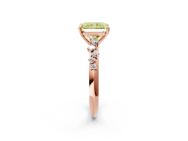 Rose gold Fancy Yellow Radiant Cut Diamond Cluster Side Stone Solitaire Ring with Prong Setting