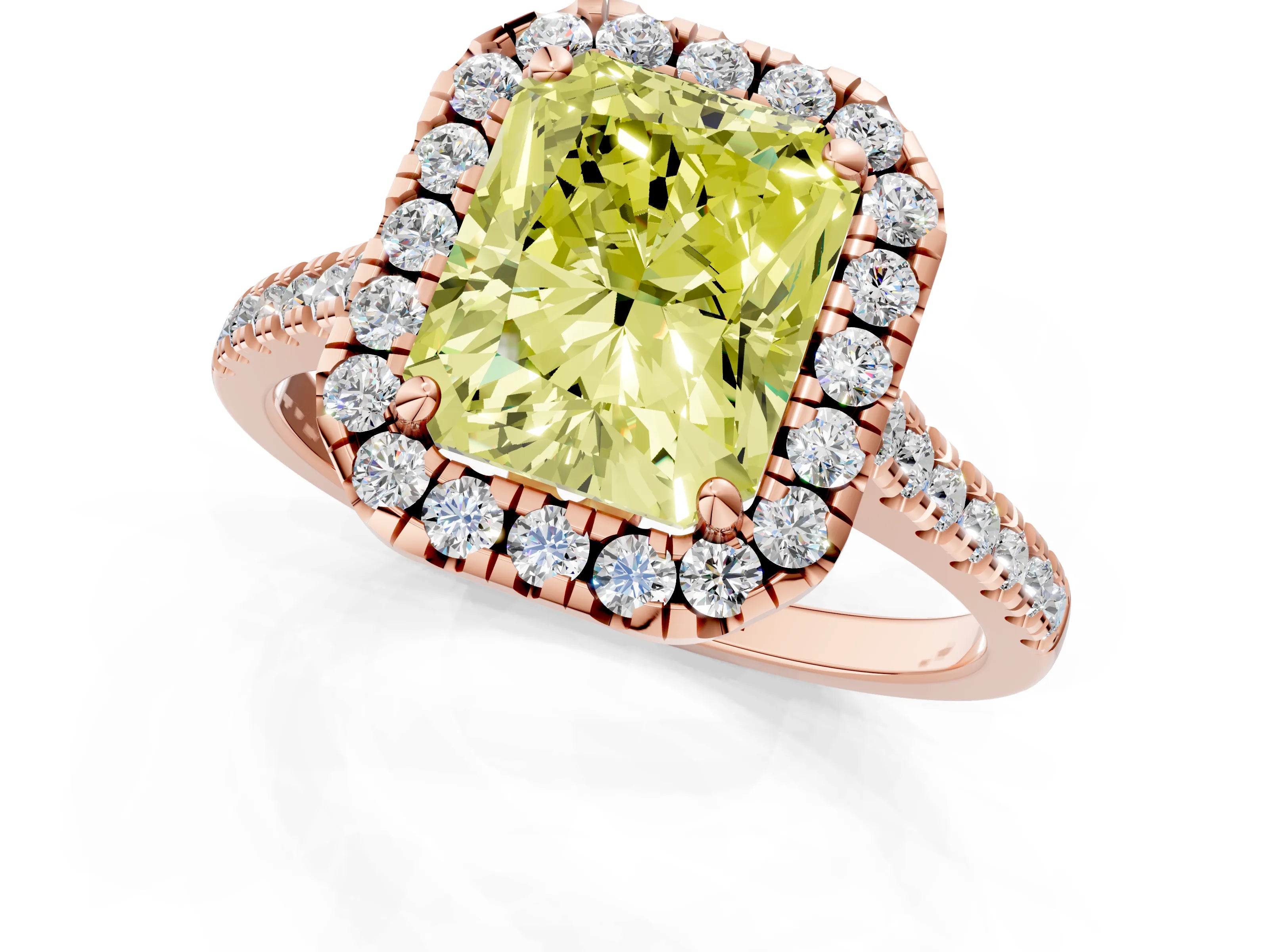 Rose gold Fancy Yellow Radiant Cut Diamond Cushion Halo Ring with Pavé Band_1